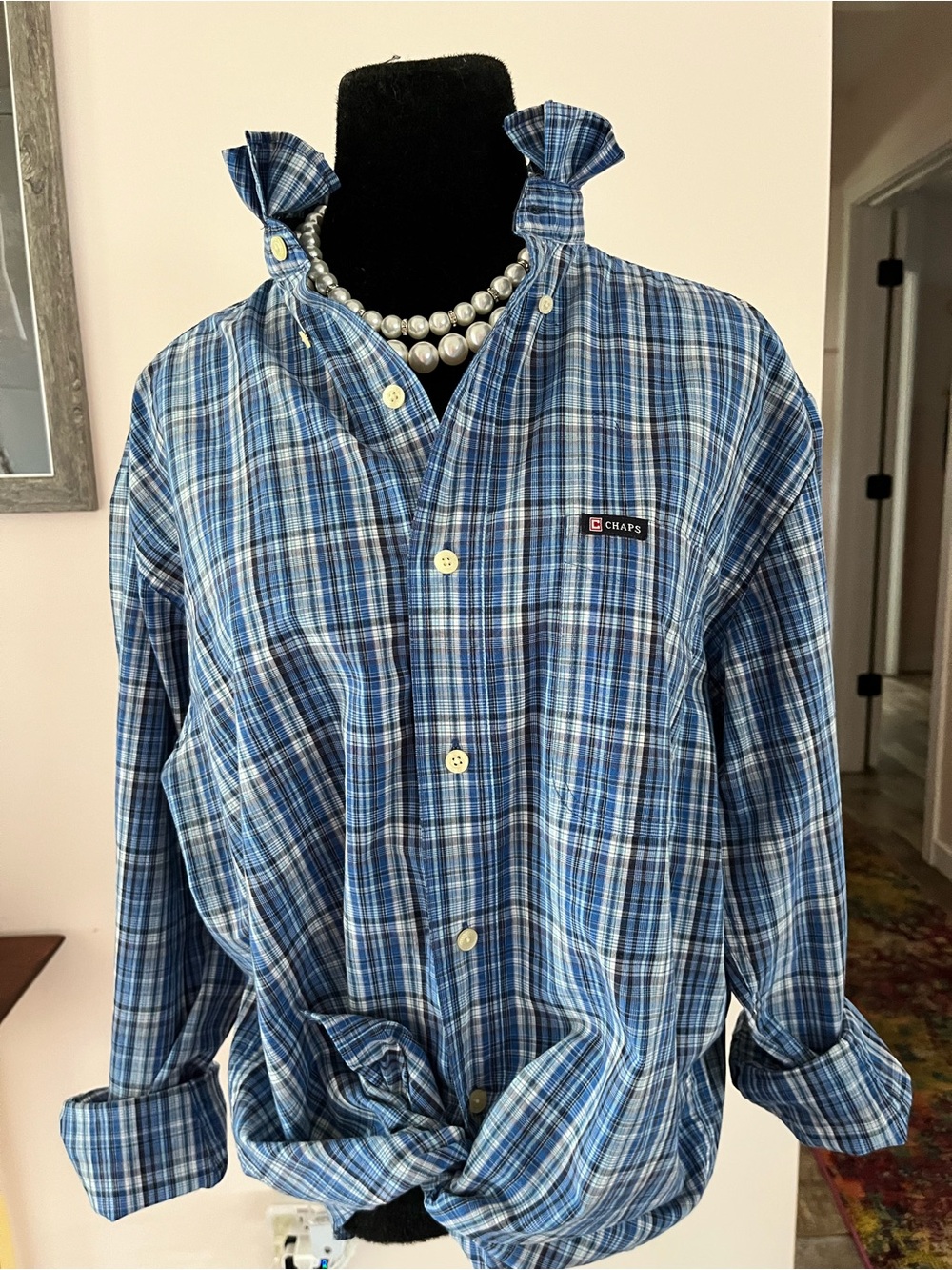 Upcycled Chaps Men's Blue Multi-Plaid Button-Down Ruffle Collar shirt